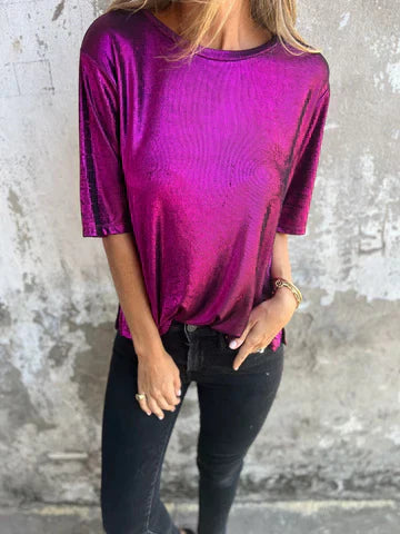 Dam Blus – Avslappnad Passform – Skimrande Lyxigt Tyg – Kort Ärm – Flödande Modell