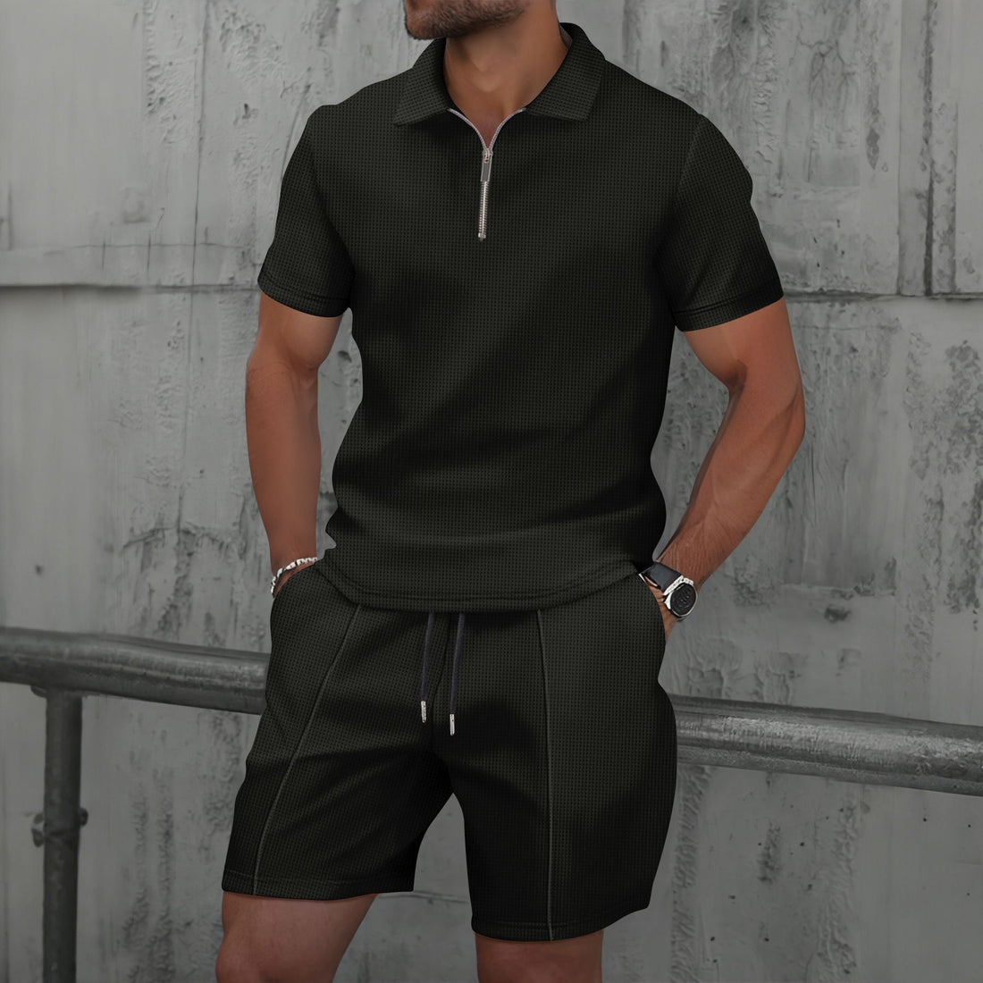 Heren Set – Poloshirt en Shorts – Cotton Blend – Regular Fit – Zipper Hals – Korte Mouw – Casual Look