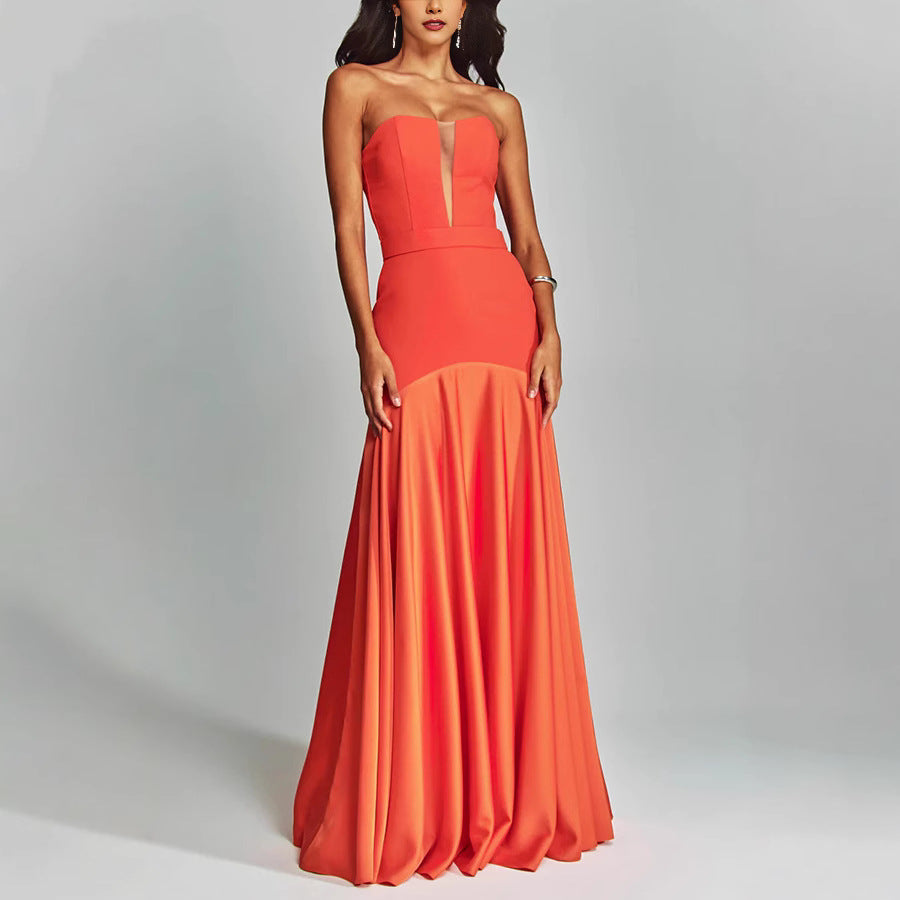 Dames avondjurk – Strapless – Slim Fit – Satijn – Plungende hals – Floor length