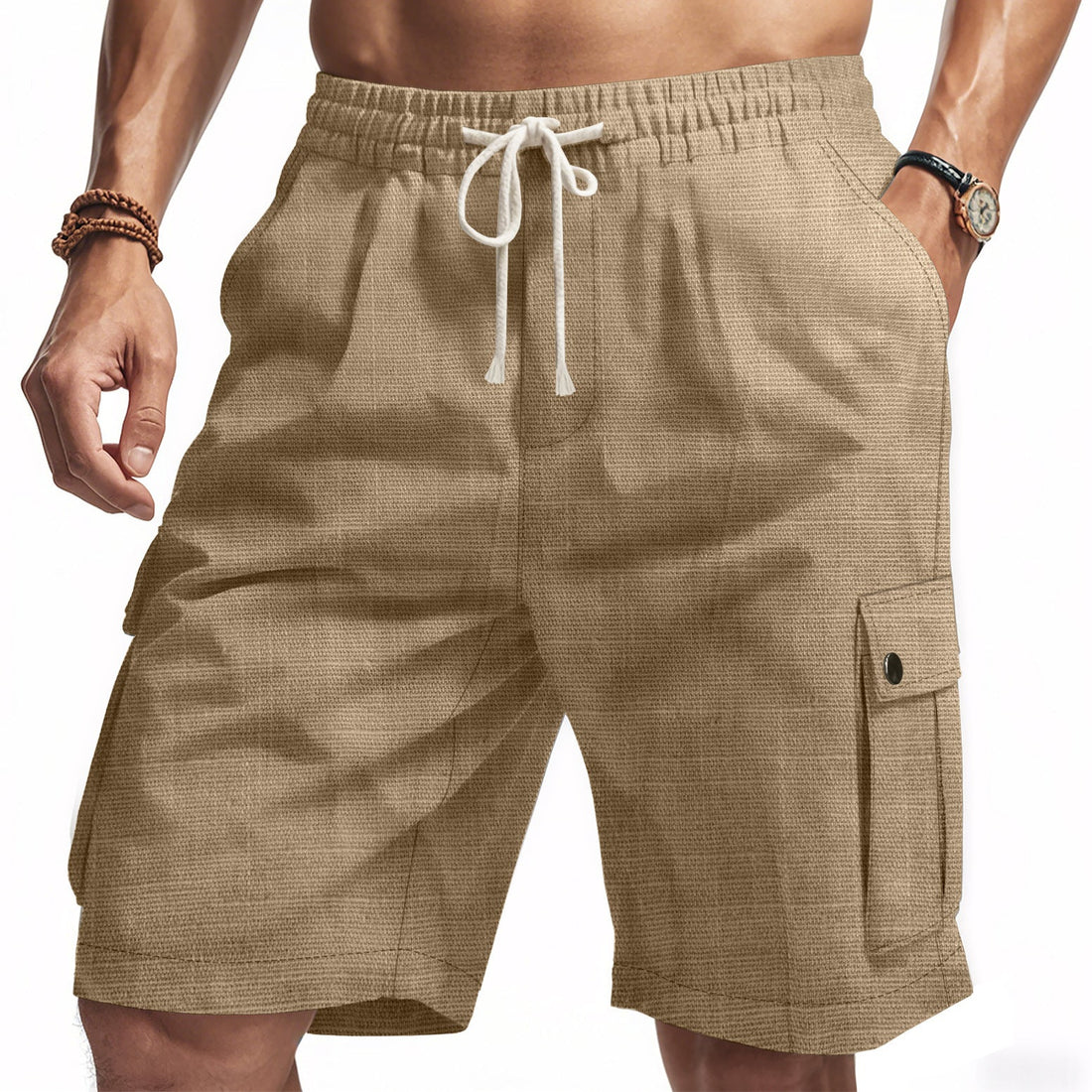 Heren Cargo Shorts – Relaxed Fit – Bamboe Linnen – Elastische Taille – Multi-Zakken