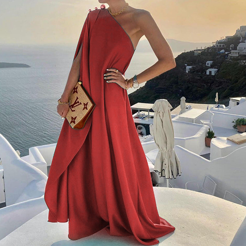 Dames Maxi Jurk – Asymmetrisch One-Shoulder – Elegante Losse Pasvorm – Drapé Silhouet