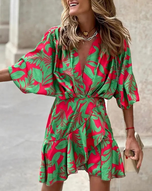 Dames A-lijn Jurk – V-hals – Batwing Mouwen – Asymmetrische Zoom – Luchtige Pasvorm