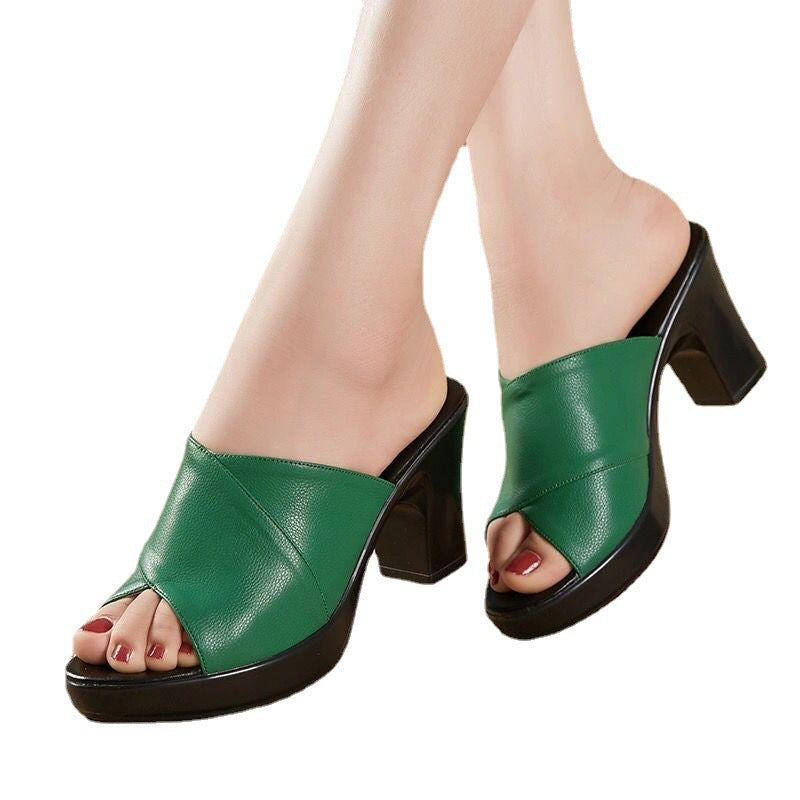 Damsandaler med klack – Läderkorsremmar – Öppen tå – Klossklack bekväm