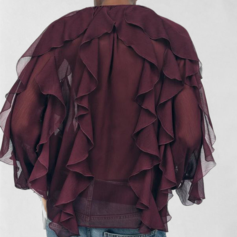 Dam Blus – Lös Modell – V-Ringning – Lång Ärm – Luftigt Tyg – Volang Detalj