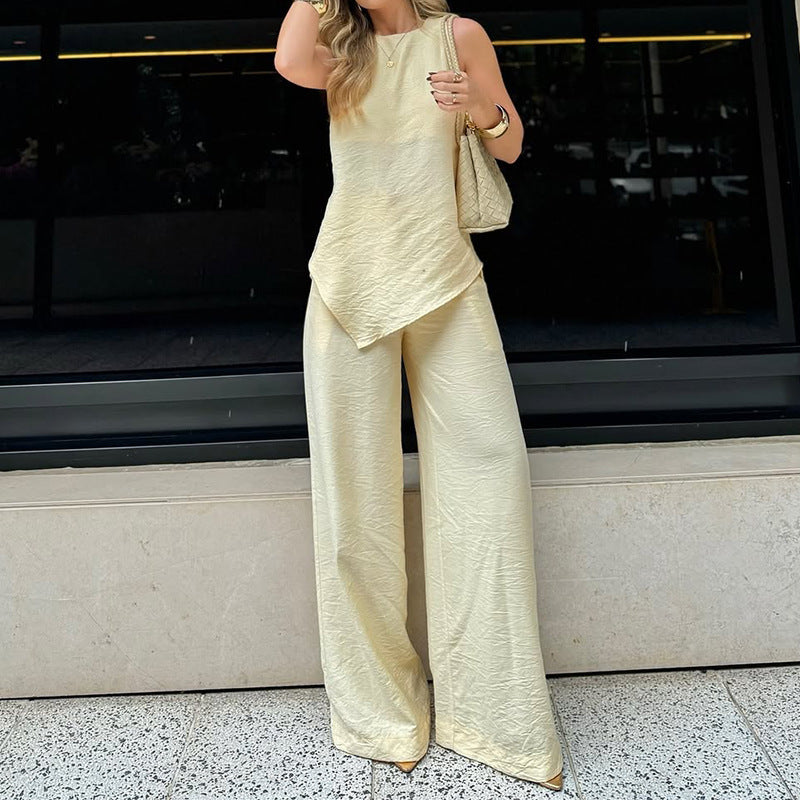 Damer Tvådelat Set – Asymmetrisk Topp – Vida Ben – Skrynkligt Tyg – Ledig Passform