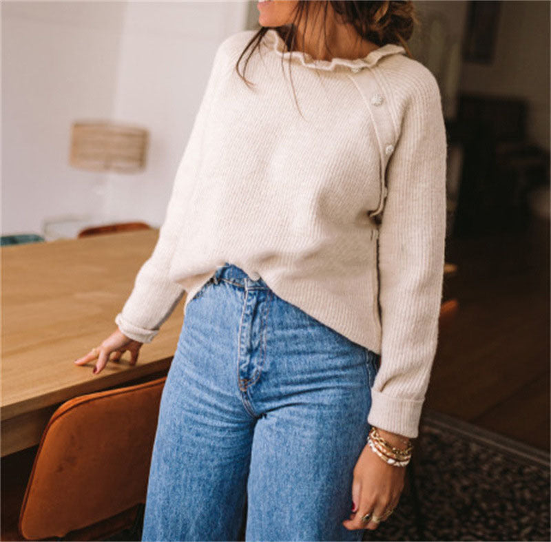Dames Trui – Wolmix – Relaxed Fit – Ruches Kraag – Knopen op Schouder – Geribd