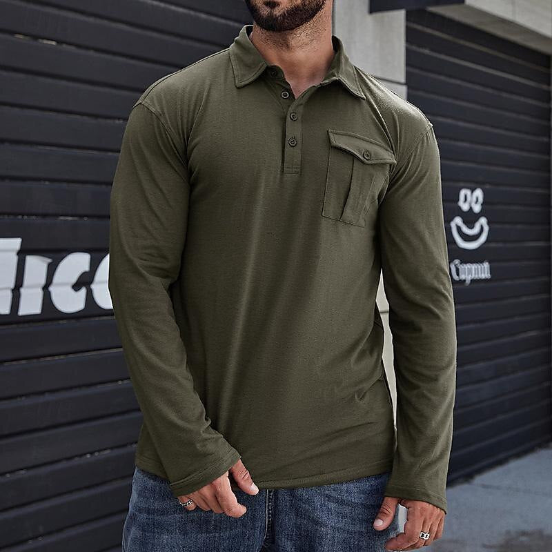 Heren Henley Poloshirt – Lange Mouw – Regular Fit – Katoen – Borstzak – Casual