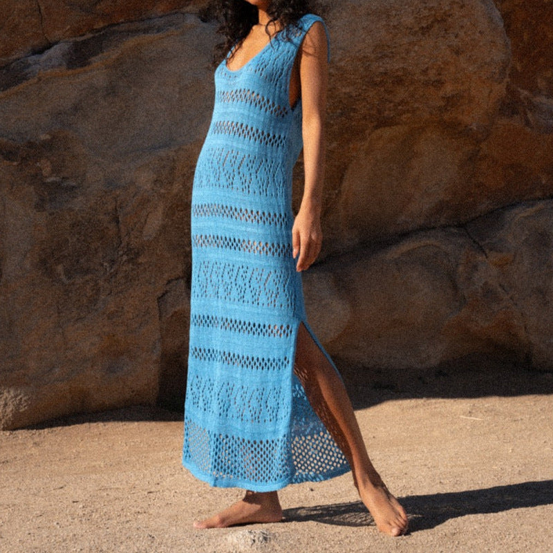 Dames Maxi Jurk – Mouwloos Slim Fit – Gehaakt Breisel – Cut-Outs en Zijsplit