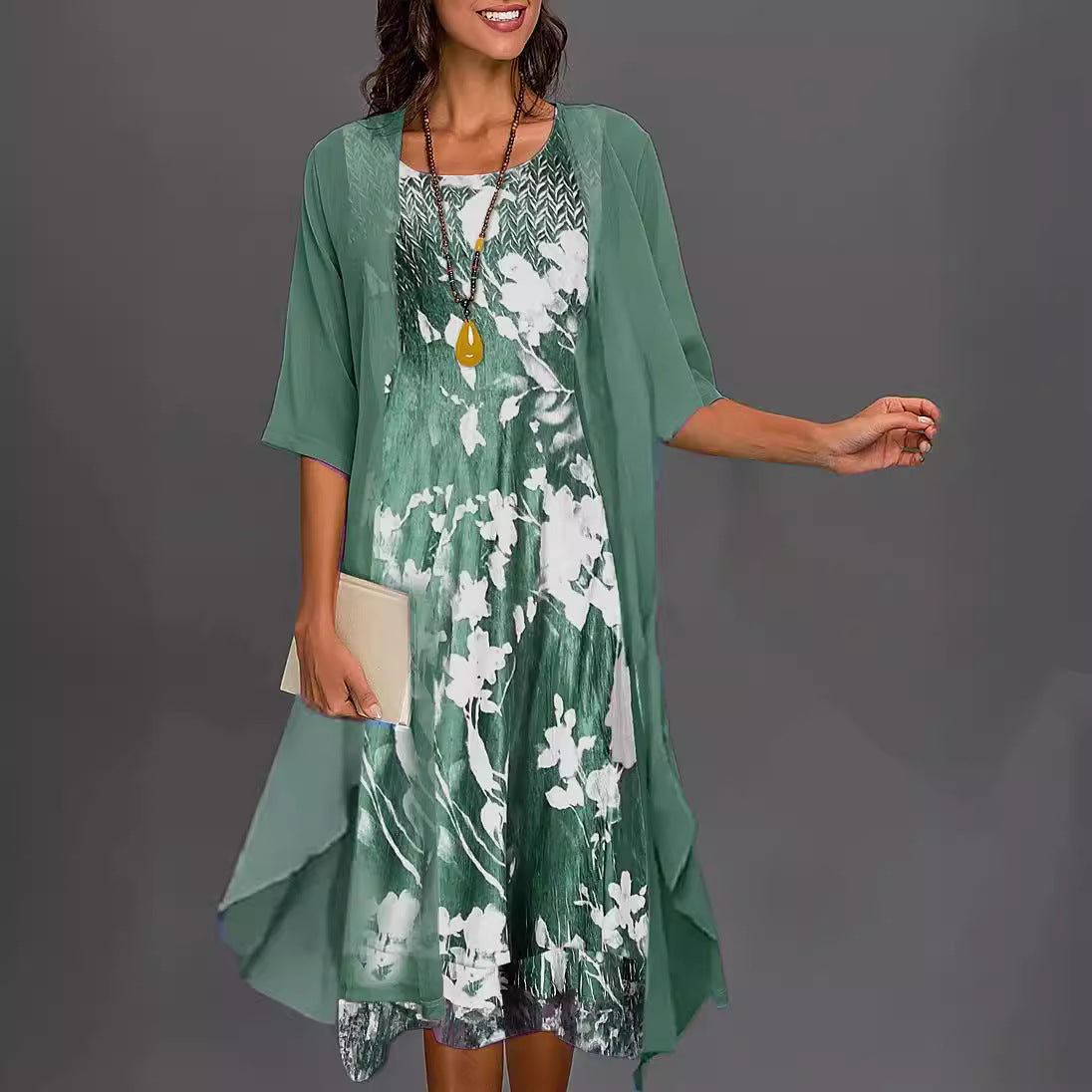 Dames Jurk – Relaxed Fit – Midi Lengte – Sheer Overlay – Bloemenprint Laagjes