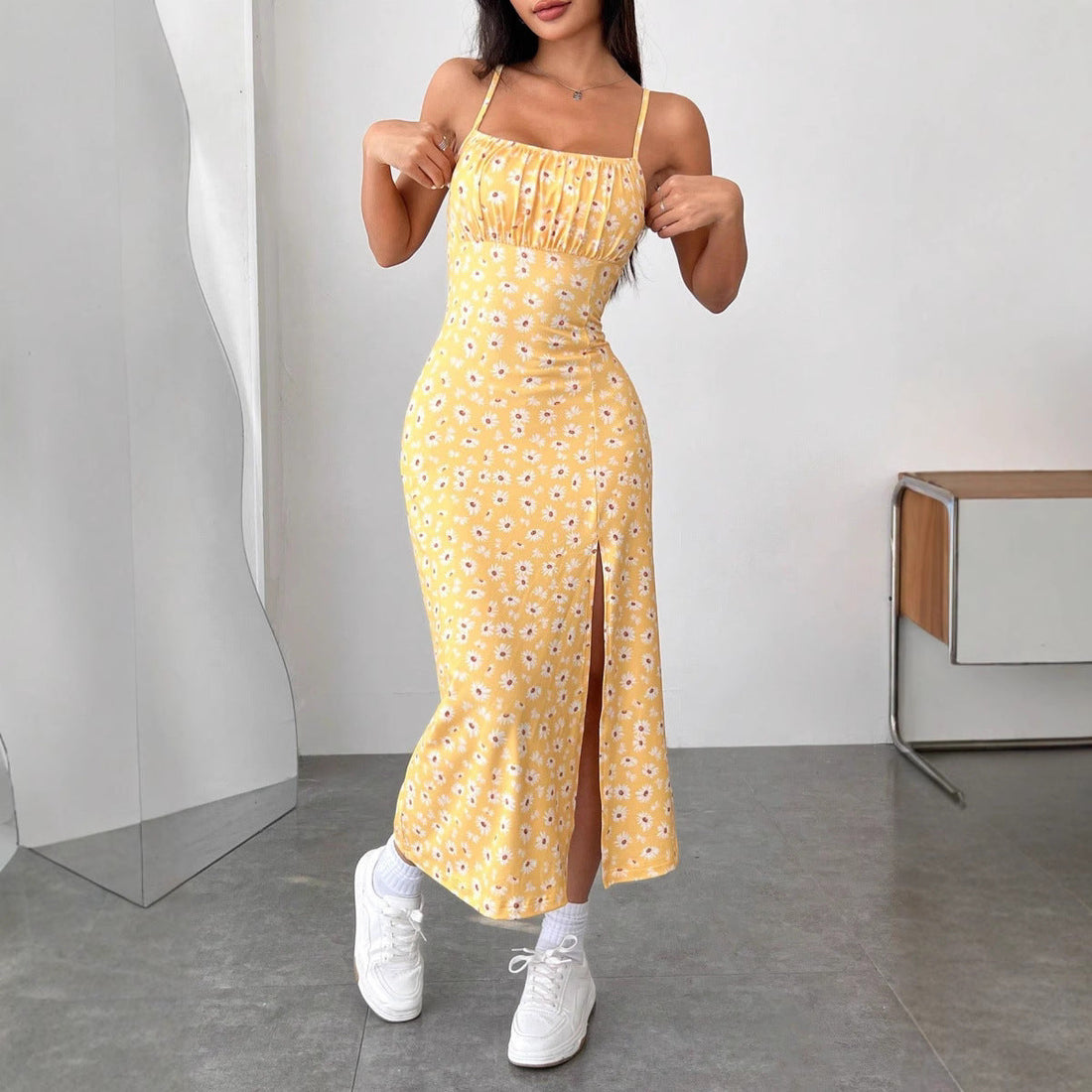 Damer Sommarklänning – Slim Fit – Bustier Topp – Spagettiband – Midi med Blommönster