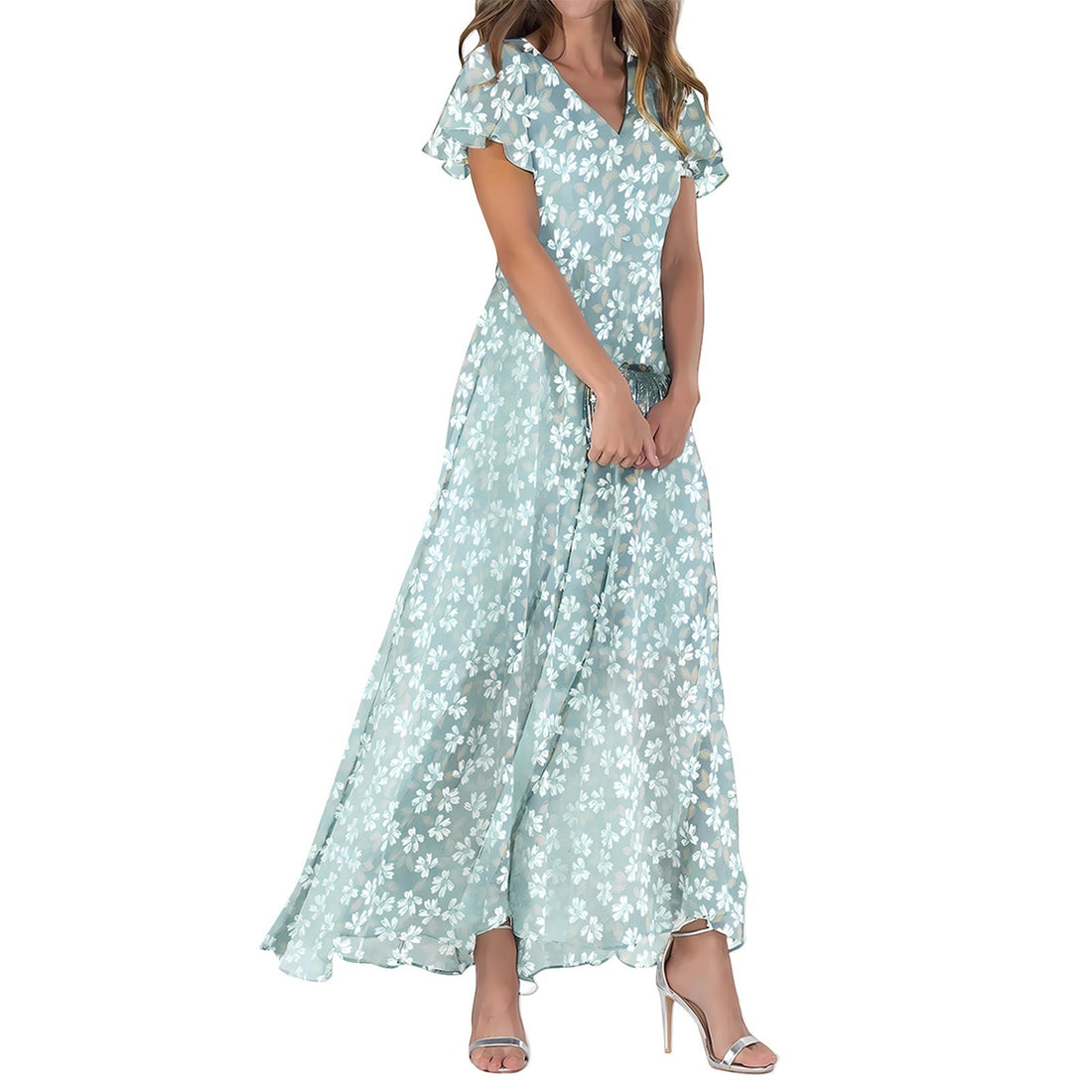 Dames Maxi Jurk – Flowy Pasvorm – V-Hals – Flutter Mouwen – Luxe Stof – Bloemenprint