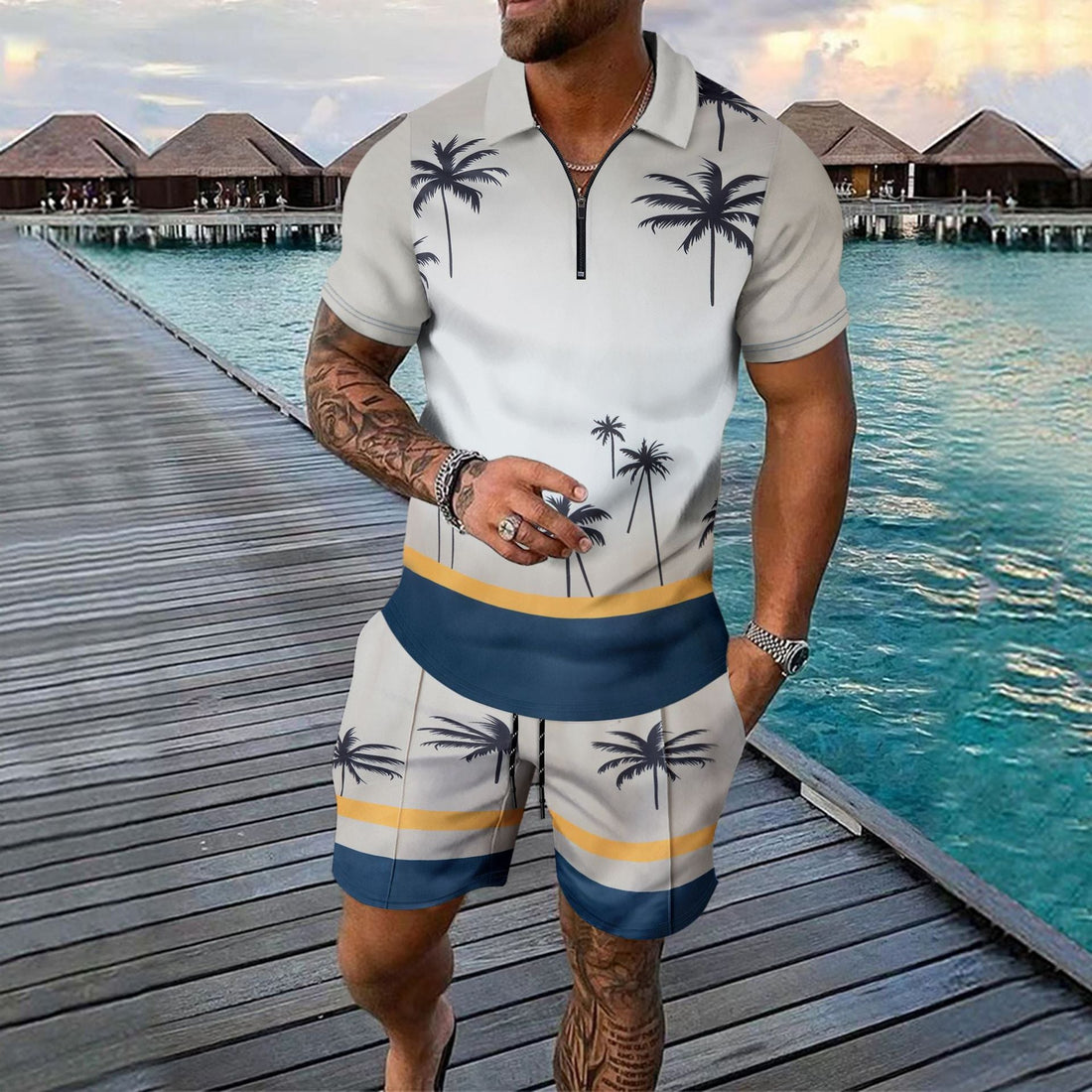 Heren Sportset – Slim Fit – Ademend – Ritssluiting – Tropisch Patroon