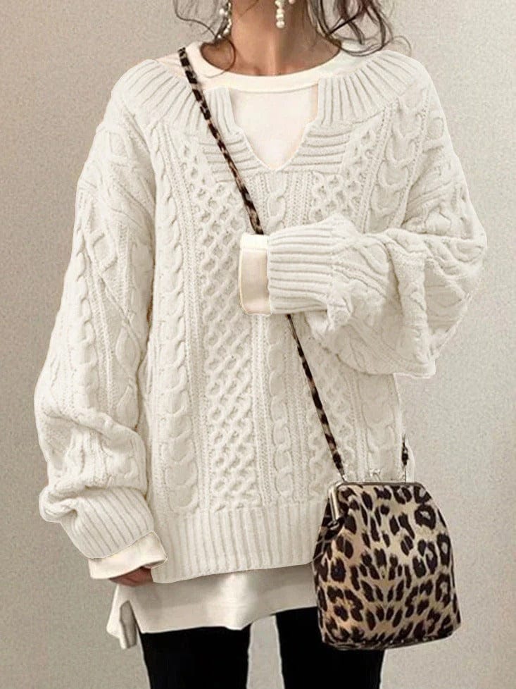 Dames Trui – Wolmix – Oversized Pasvorm – Kabelbreisel – Diepe V-hals – Lange Mouw