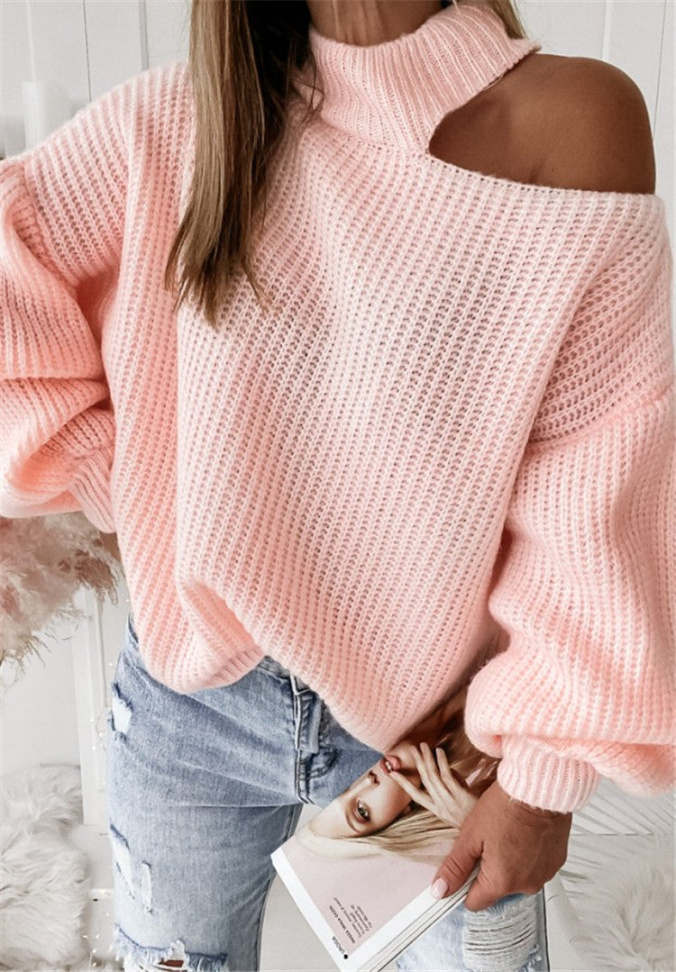 Dames trui – Oversized pasvorm – Asymmetrische schouder – Hoge ribgebreide hals