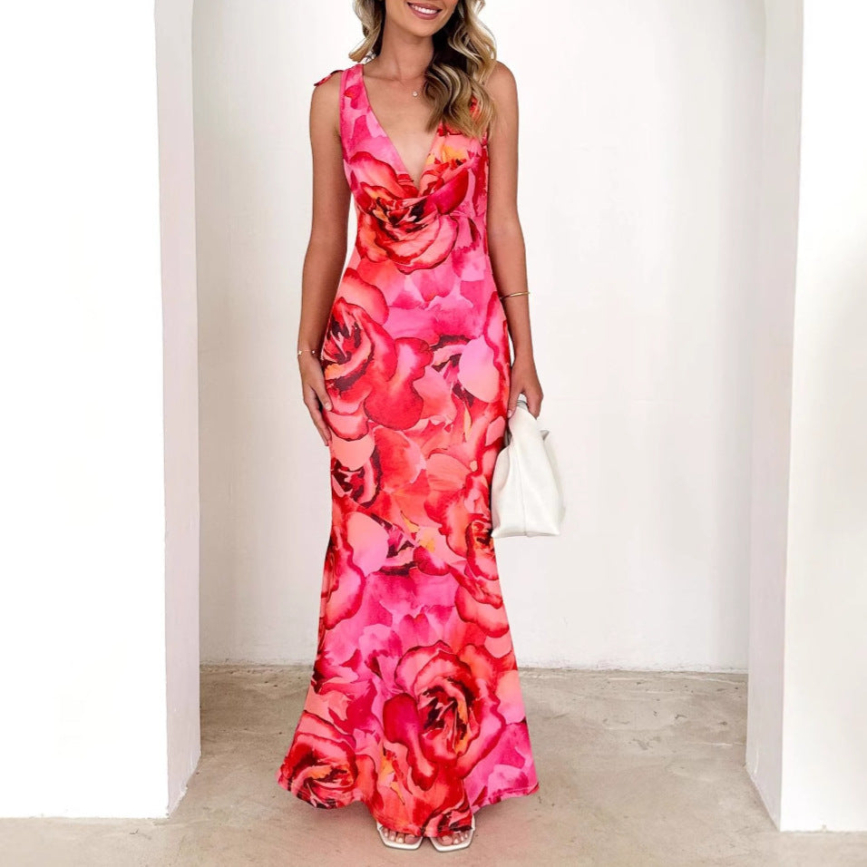 Dames Maxi Jurk – V-Hals – Mouwloos – Stretch Pasvorm – Bloemenprint – Flowy Drape
