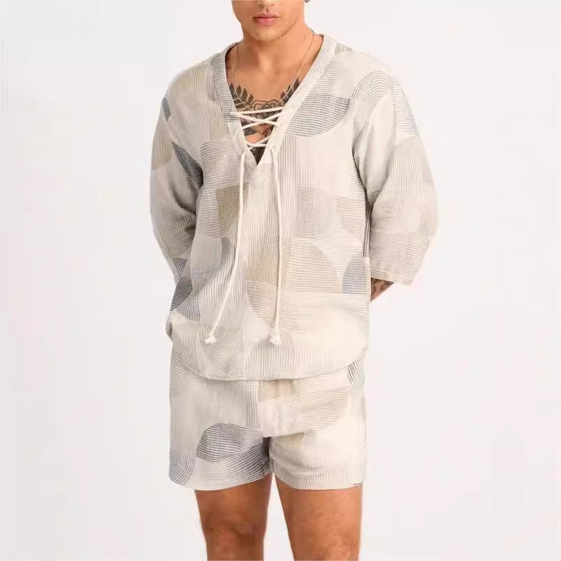 Heren Casual Set – Relaxed Fit – Ademende Stoffen – Lace-Up Shirt en Shorts