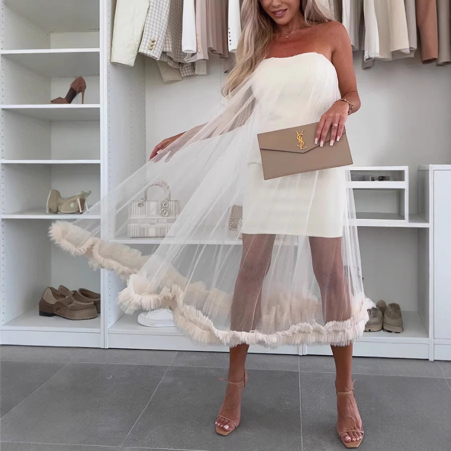 Dames Midi Jurk – Strapless – Tulle Overlay – A-Lijn – Rucheszoom – Losse Pasvorm