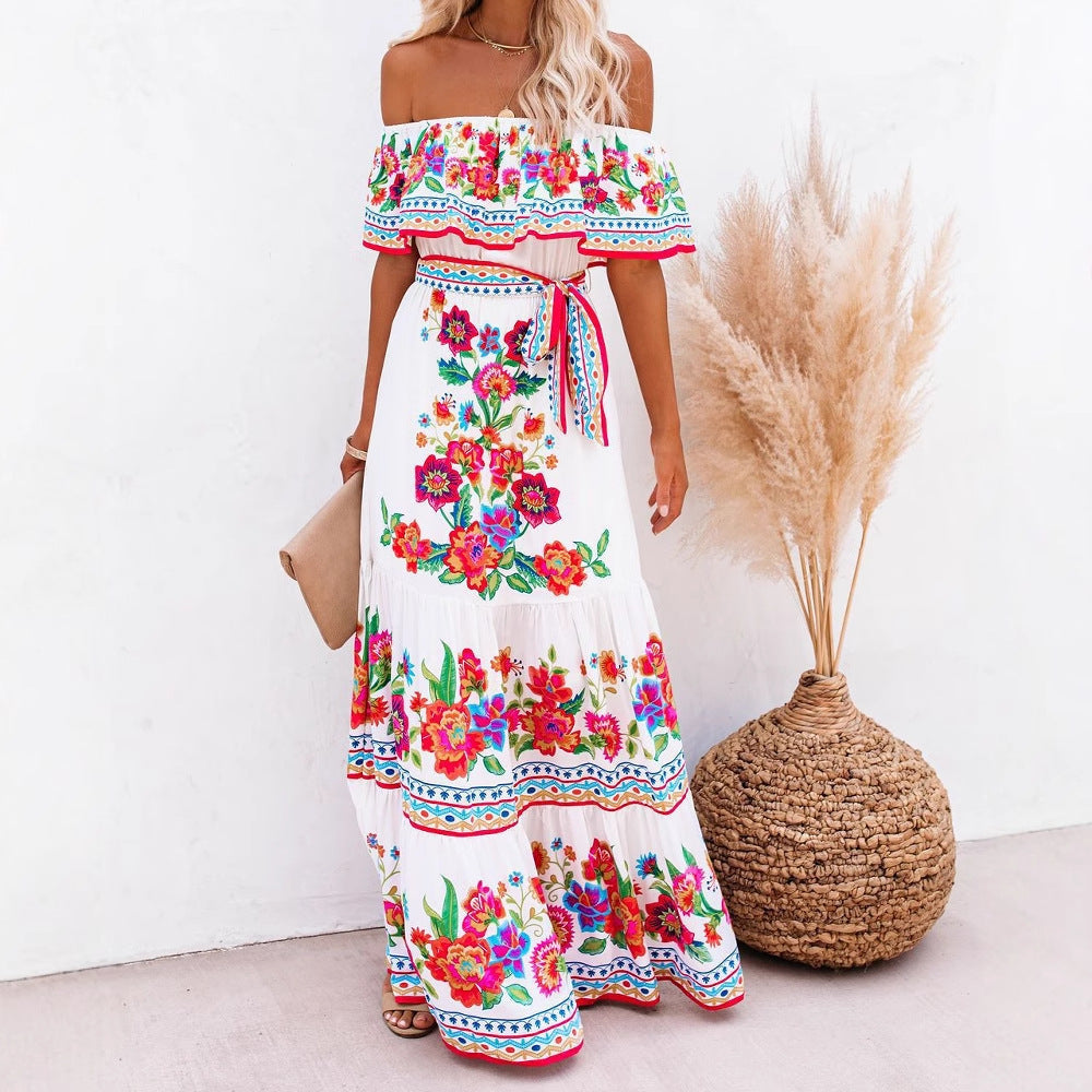 Damer Maxi Klänning – Off-Shoulder – Blommönster – Volanger – Lätt Bomullsblandning