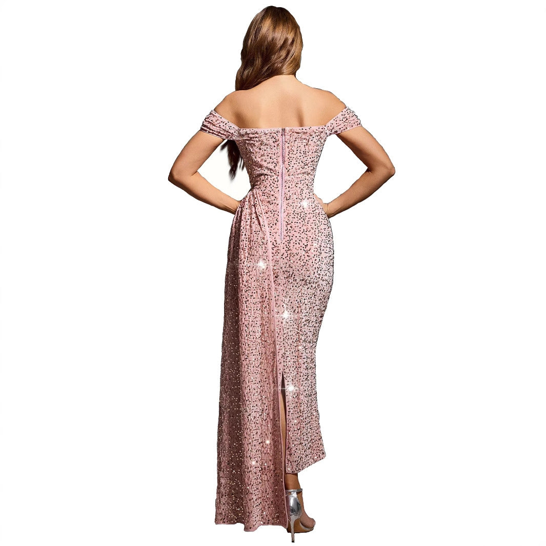 Dames Avondjurk – Off Shoulder – Figuurvolgend – Mouwloos – Pailletten – Lang Model