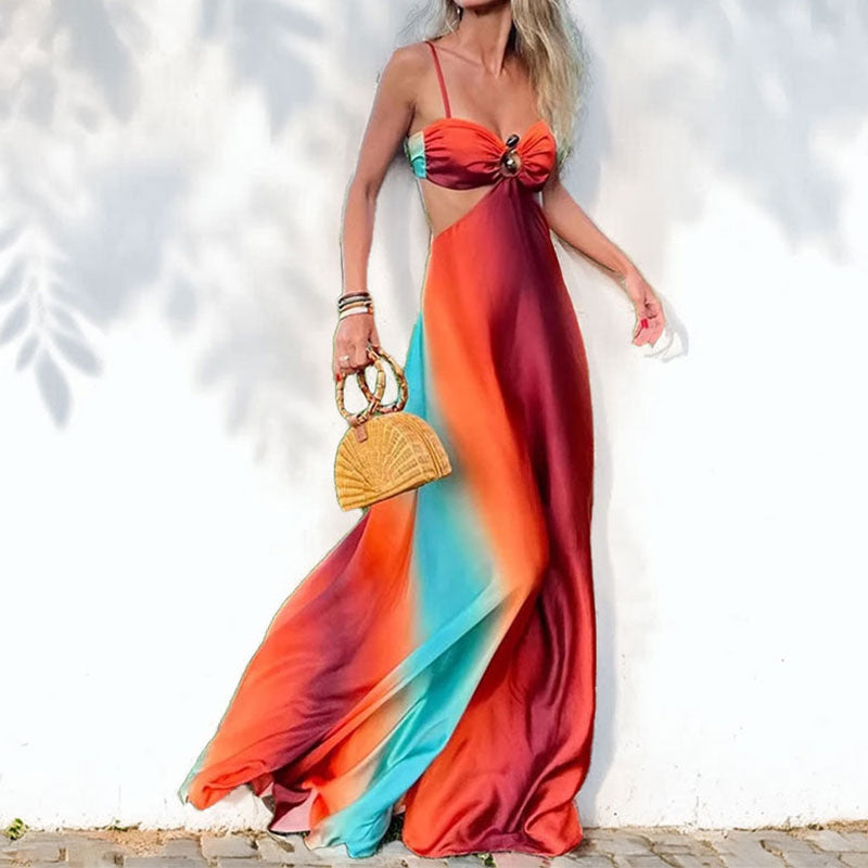 Dames Maxi Jurk – Flowy Pasvorm – Spaghettibandjes – Ringdetail – Gradient Design