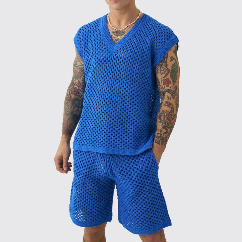 Mouwloze gebreide set voor heren - V-hals top en shorts - Casual zomerkleding