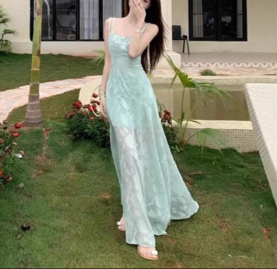 Damer Maxi-klänning - Elegant spets-overlay - Spaghettiband