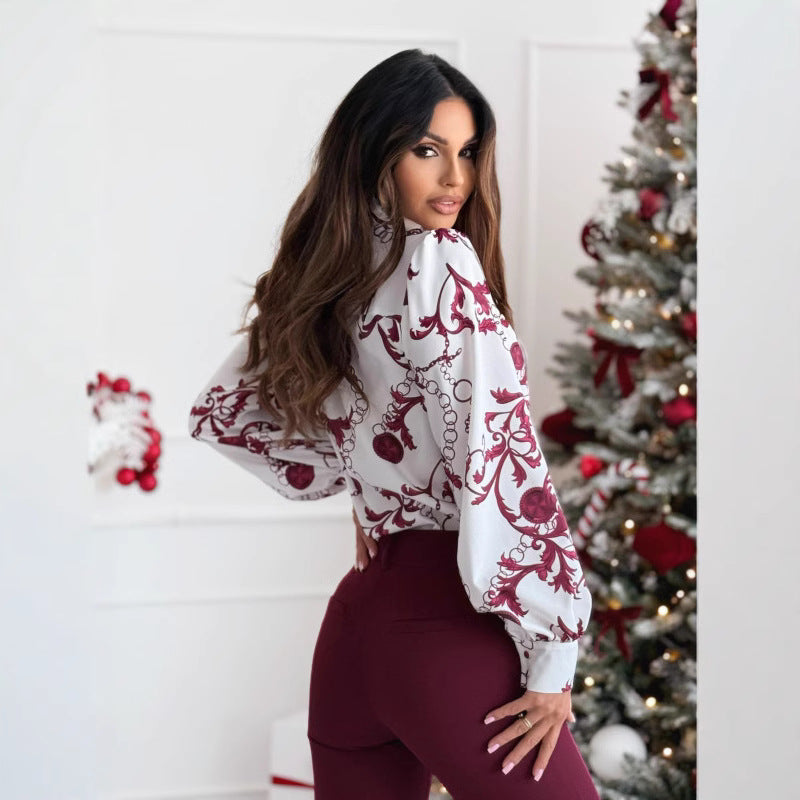 Dam Blus – Skräddarsydd Passform – Lyxigt Tyg – Rosett Krage – Tryckdesign – Manschettknappar