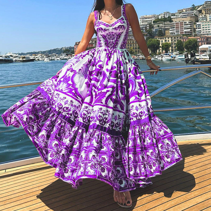 Dames Jurk met Bretels – Luchtige Pasvorm – Ademend Materiaal – Gelaagde Rok – Printdesign