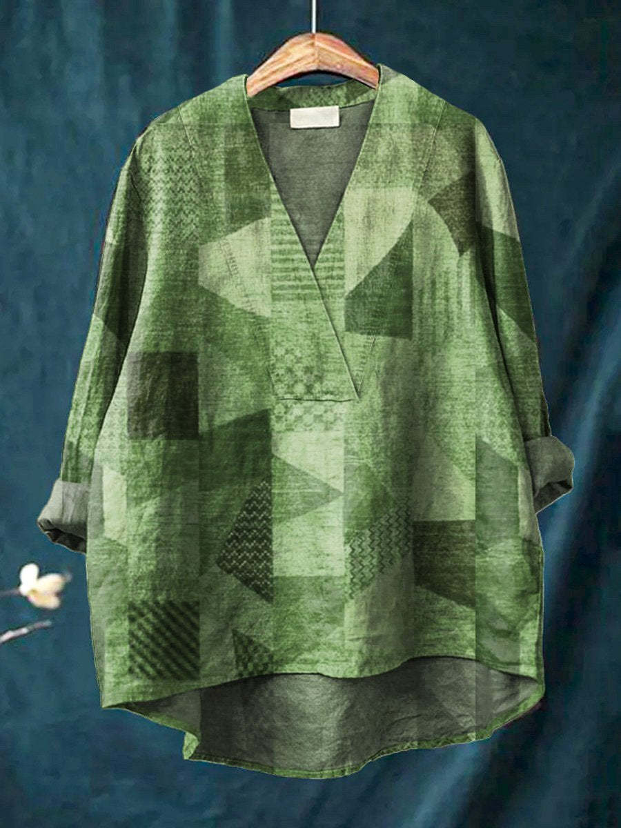 Dam Blus – Lös Passform – Andningsbart Material – V-Hals – Digitalt Tryck – Lång Ärm