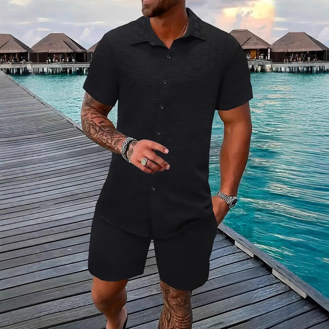 Heren Tweedelig Set – Katoenmix Jacquard – Relaxte Pasvorm – Casual Vrijetijdskleding