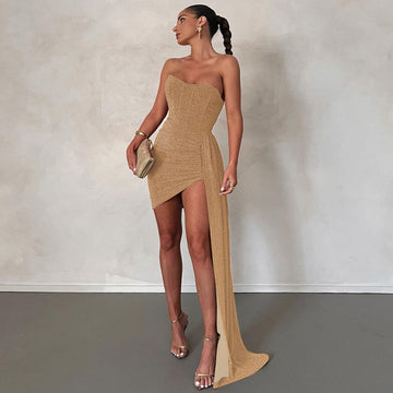 Dames Mini Jurk – Strapless Bodycon – Satijnlook – Asymmetrische Drapering