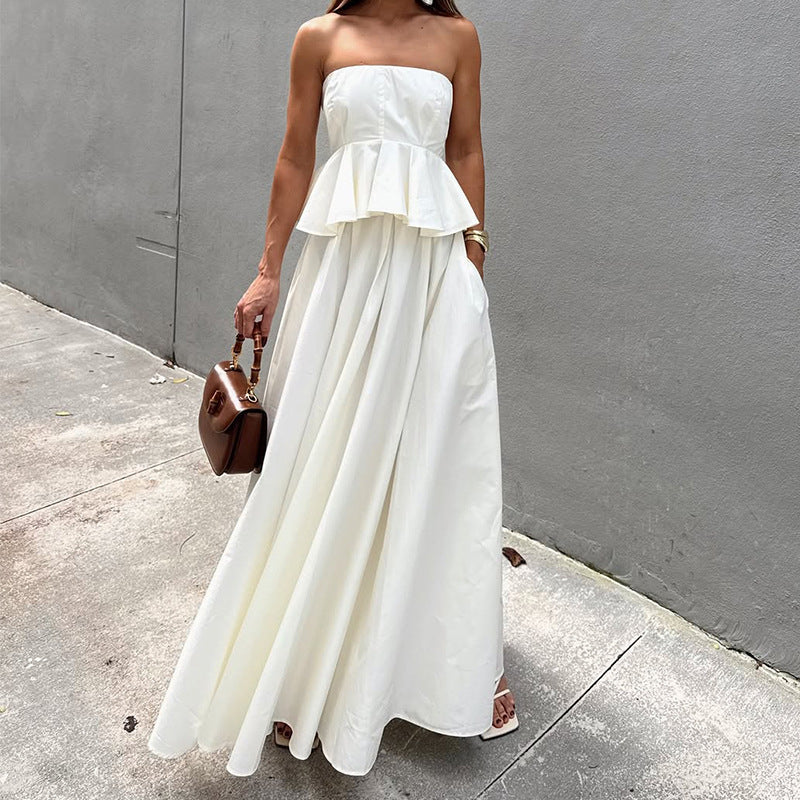 Dames Maxi Jurk – Strapless – Fitted Taille – Peplum Detail – A-Lijn Zwierige Rok