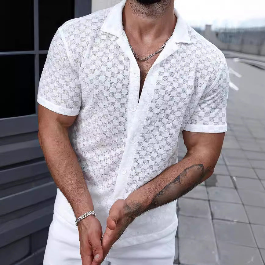 Heren Shirt – Luchtig Gebreid – Relaxte Pasvorm – Kanten Detail – Korte Mouw