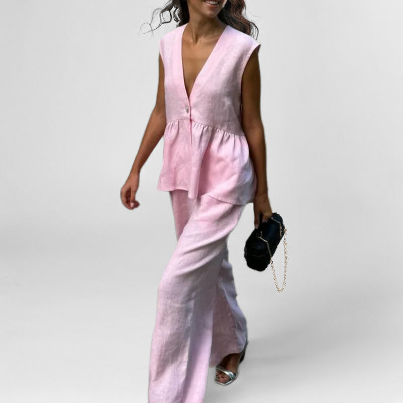 Dam Pantalongkostym – Linne-look – V-Ringad Ärmlös Väst – Hög Midja Vida Ben