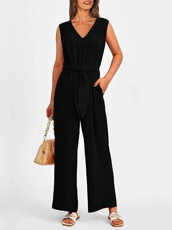 Damjumpsuit – Ärmlös – Vida byxben – V-ringning – Midjebälte – Elegant passform