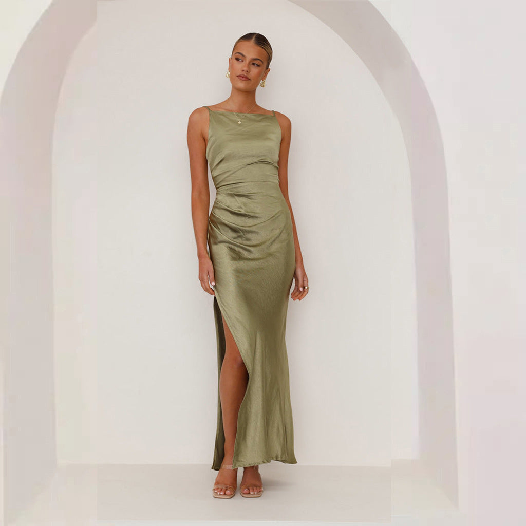 Dames Midi Jurk – Satijn Slim Fit – Mouwloos Hoge Hals – Gedrapeerde Split
