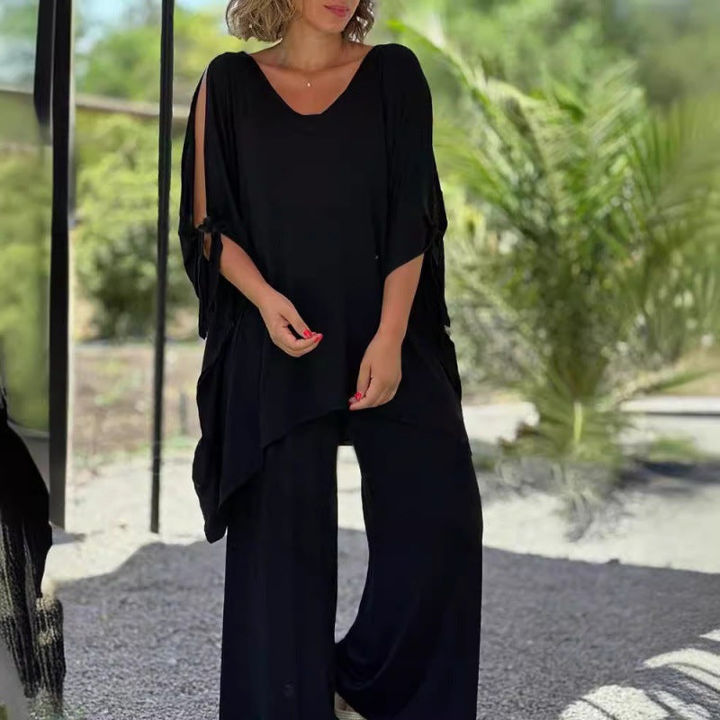 Damer Set – Satin Tunikatopp med V-Ringning och Knytärmar – Vida Byxor