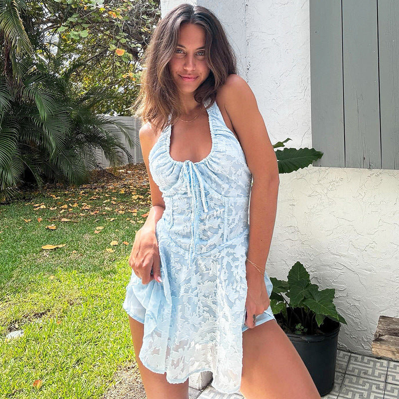 Damer Halter Miniklänning – Jacquard Tyg – Slim Fit – Öppen Rygg – Rynkad Korsett