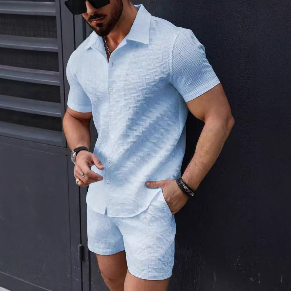 Heren Set – Slim Fit Overhemd met Knoopsluiting en Korte Broek – Ademend Textuurontwerp