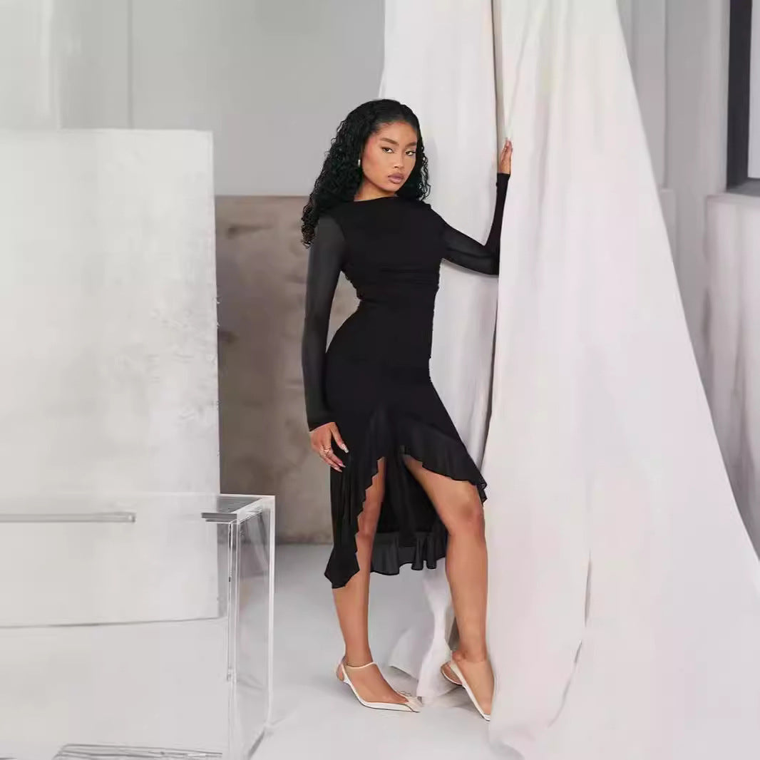 Dames Avondjurk – Slim Fit – Sheer Lange Mouwen – Ruches Asymmetrische Zoom