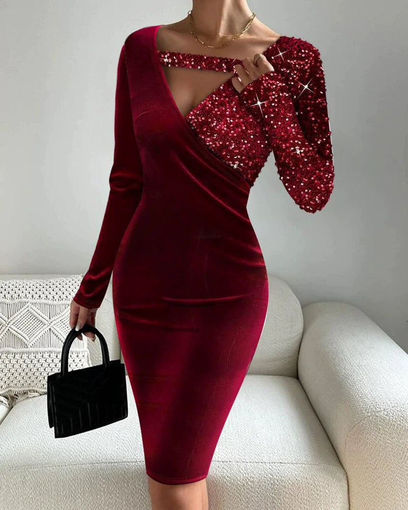 Dames Jurk - Geribbelde Tricot - Slim Fit - Midi Lengte - Diepe V-hals
