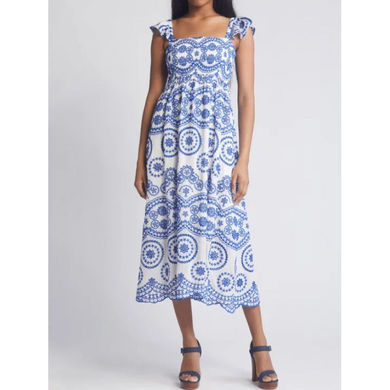 Dames Midi Jurk – Katoen – Ruches Mouw – Vierkante Hals – A-lijn Losse Pasvorm