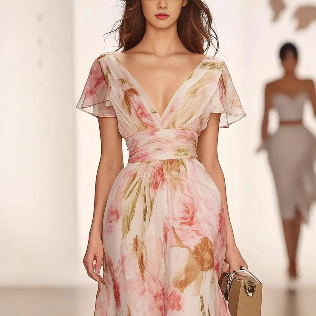 Dames Maxi Jurk – Fit en Flare – Chiffon – V-Hals – Flutter Mouwen – Bloemenprint