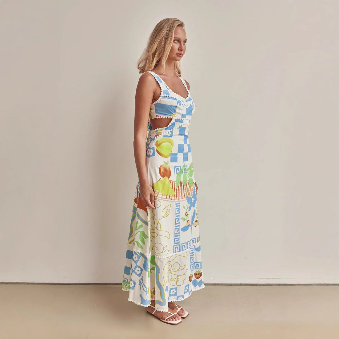 Dames Maxi Jurk – A-lijn Pasvorm – V-hals – Spaghettibandjes – Taille Cut-Outs – Print