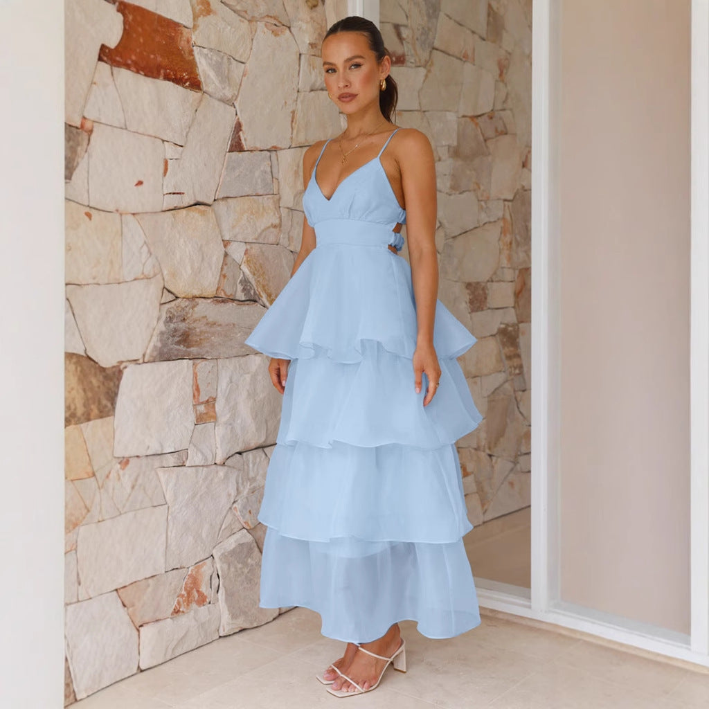 Dames Maxi Jurk – Losvallende Pasvorm – Gelaagde Ruffles – V-Hals – Spaghettibandjes