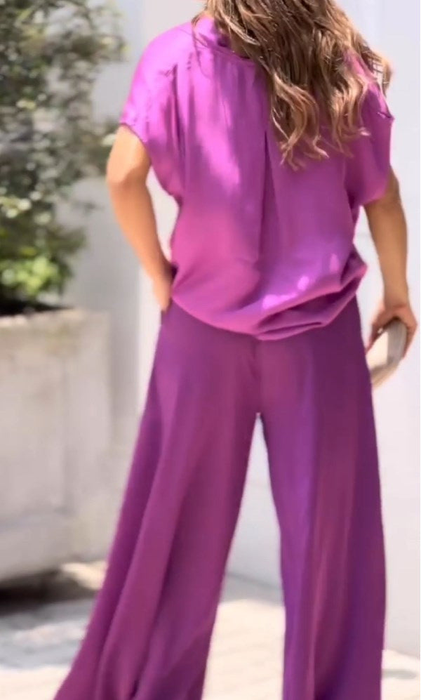 Damer Wrap Set – Silkesmjukt Tyg – Vida Byxben – Djup V-Ringning – Hög Midja