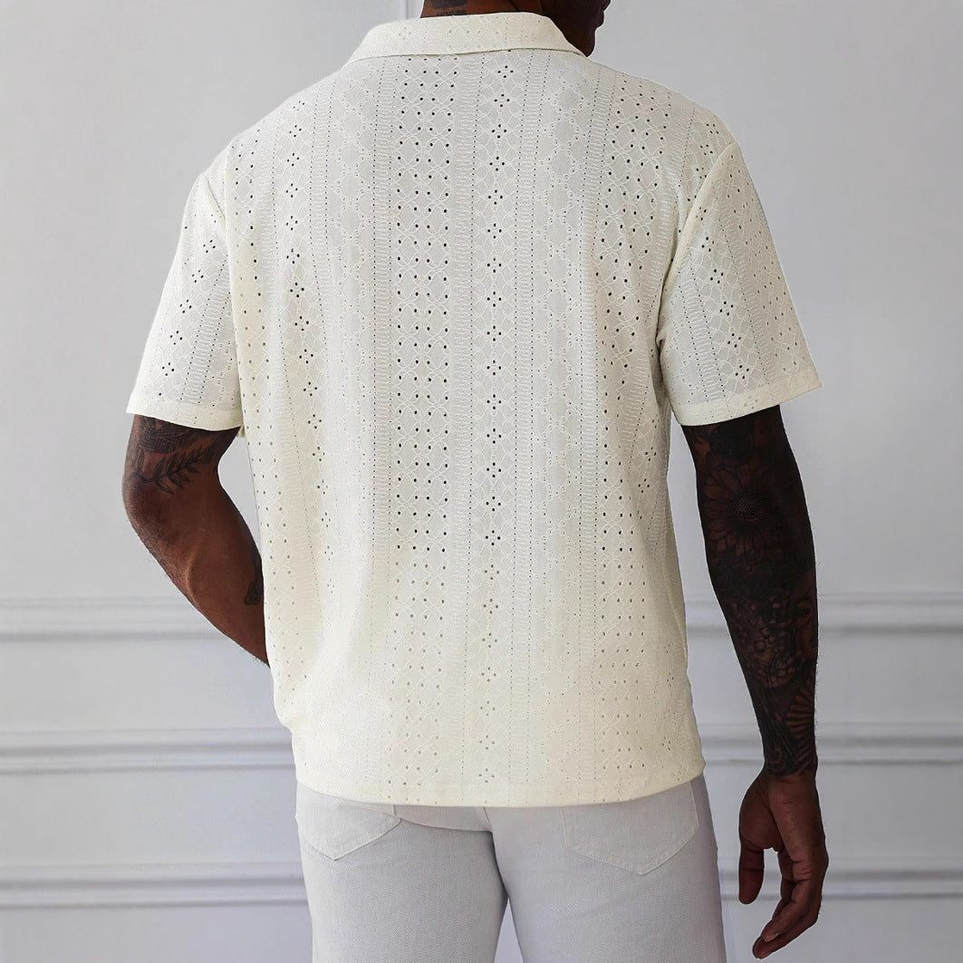 Heren T-shirt – Gebreid Katoen – Relaxed Fit – Jacquard Kant – Korte Mouw
