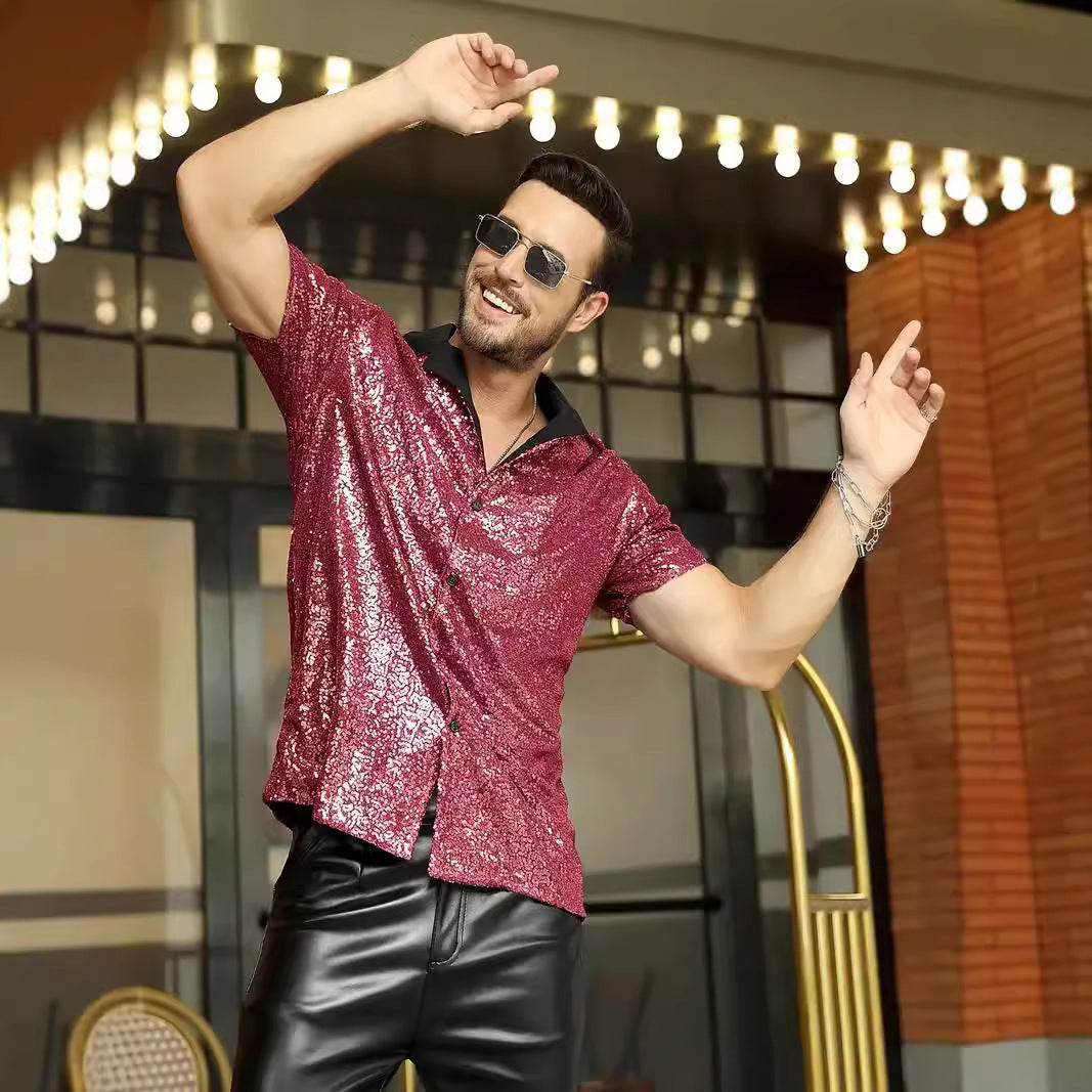 Herrskjorta – Slim Fit – Paljettdetaljer – Korta Ärmar Feststil