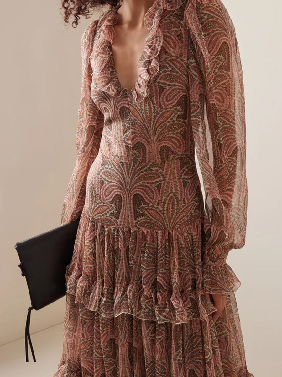 Dames Lange Jurk – Bohemian Print – Hoge Taille – Bell Mouwen – V-Hals Ruches