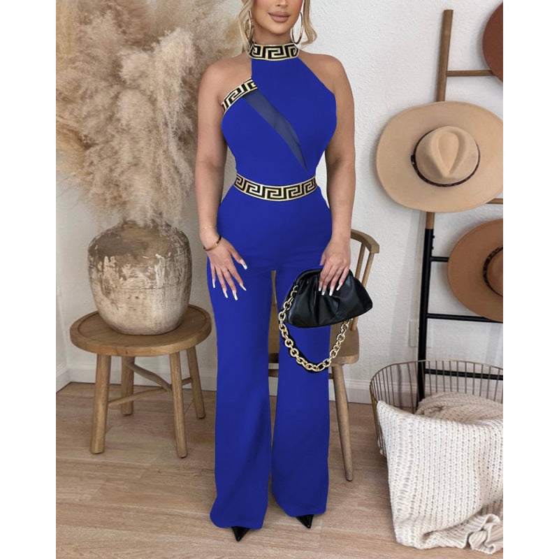 Dam Jumpsuit – Slim Fit – Halterhals – Mesh Insats – Dekorativ Band Detalj